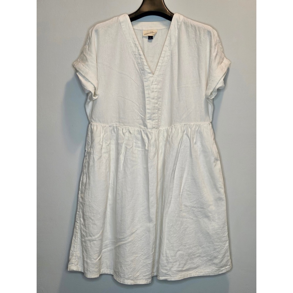 Universal Thread White Linen Blend V-Neck Babydoll Mini Dress w/ Pockets Medium